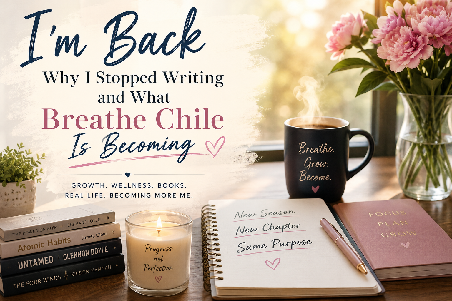 Featured image for Breathe Chile showing a cozy sunlit workspace with books, coffee, flowers, and a journal representing personal growth, wellness, and a return to blogging.