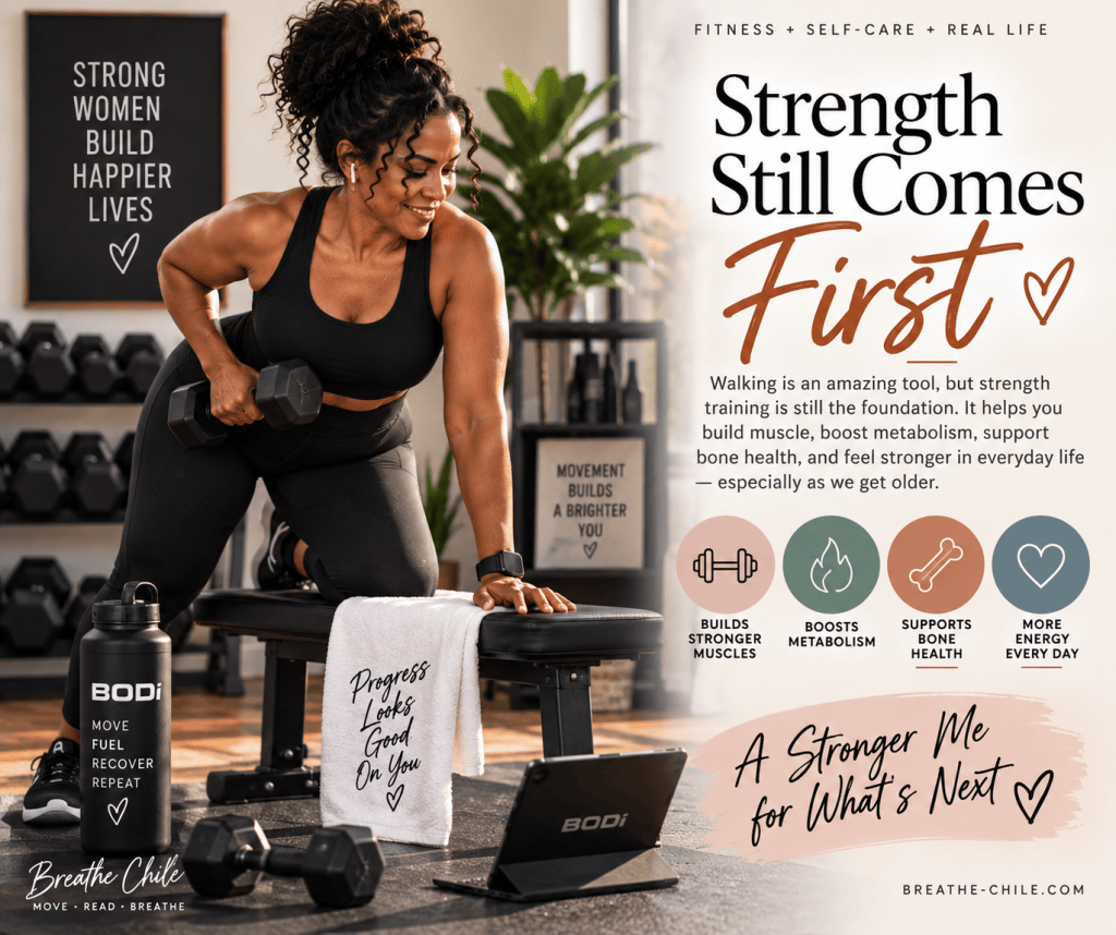 A fit woman exercising with a dumbbell on a bench in a well-lit gym setting, surrounded by fitness equipment. Text on the wall promotes strength and wellness.