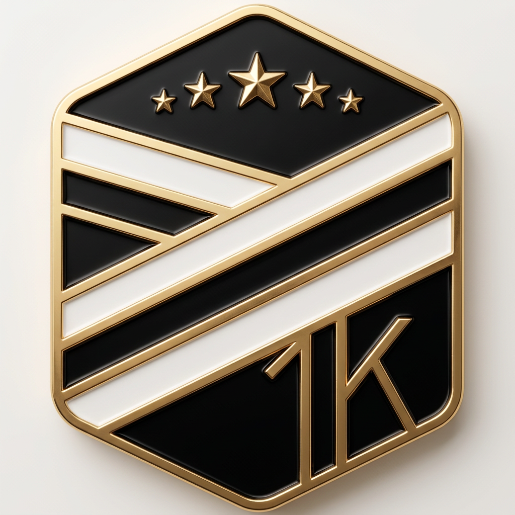 A gold and black emblem featuring stars and intersecting lines, with '1K' prominently displayed. BODi 1000 workouts completed.